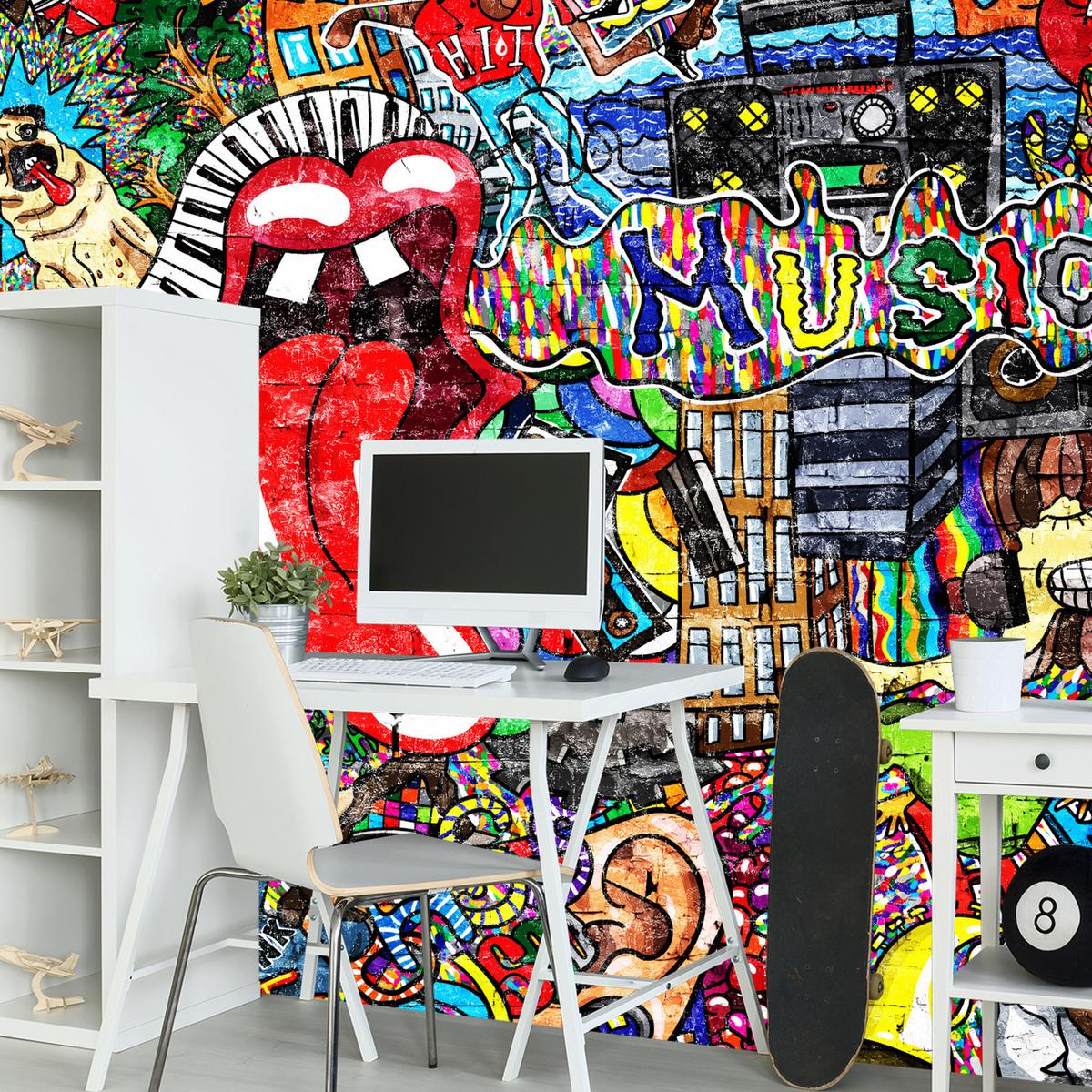 FOTOTAPETE für Jugendzimmer GRAFFITI Musik Abstrakt Farben 100x70 - Blau/Gelb, Papier (100/70cm) - Muralo