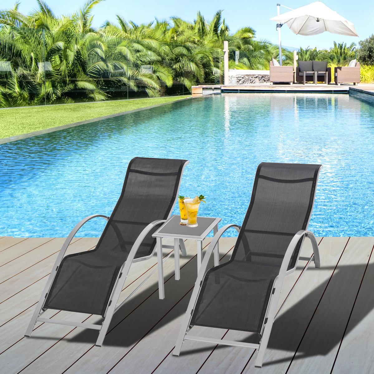 GARTENLIEGE mit Tisch, 59L x 169B x 66H cm, Metall,Mesh, Schwarz+Silber - Schwarz, Kunststoff (169/66/59cm) - Outsunny