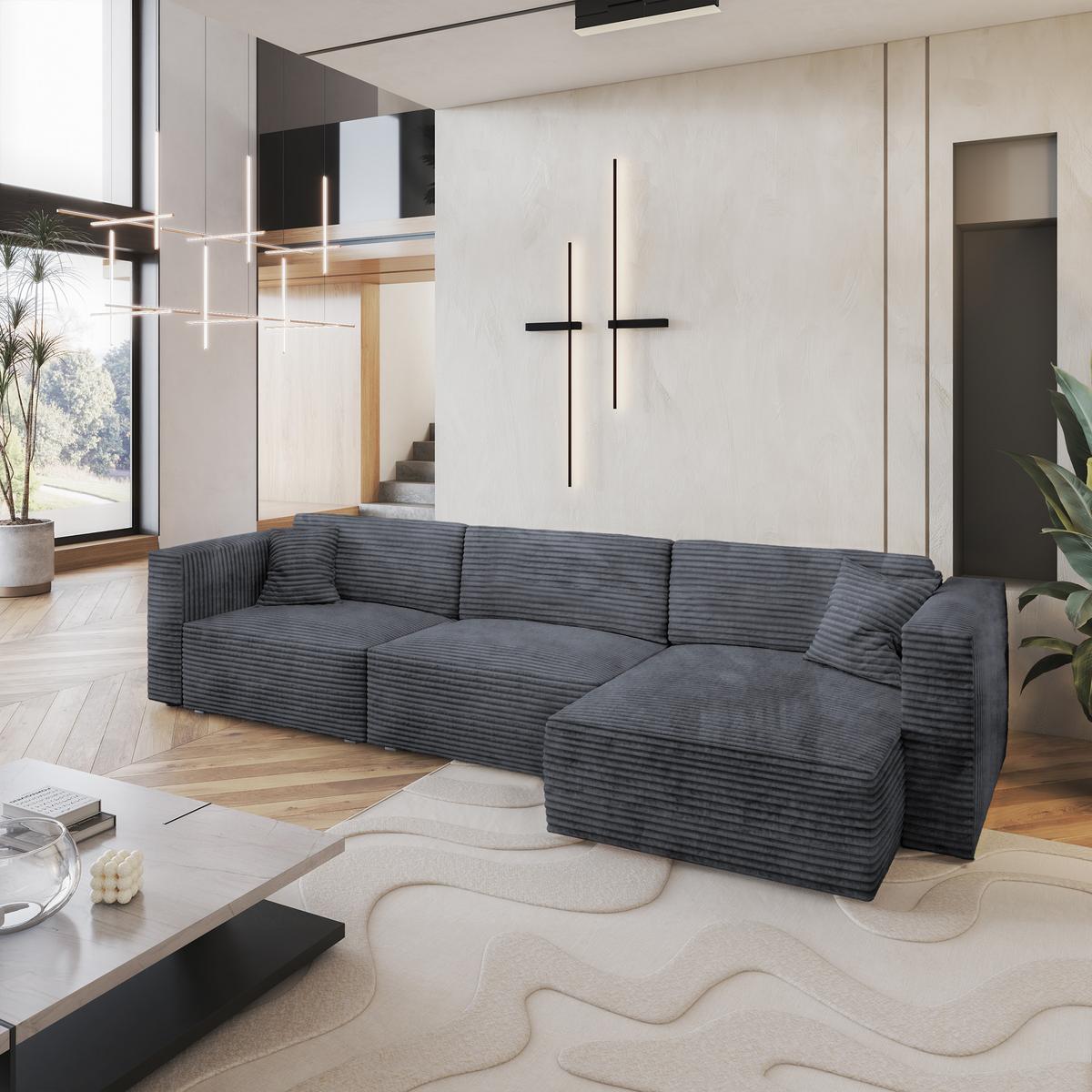 ECKSOFA TOLMO Graphitfarben Kordstoff mit Schlaffunktion - Graphitfarben/Grau, Holz/Kunststoff (347/148cm) - MASSENO