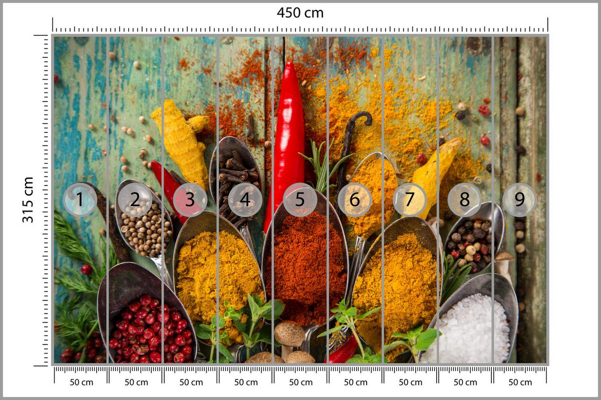 FOTOTAPETE für Küche Gewürze Holz Rustikal Paprika Ingwer 450x315 - Türkis/Blau, Papier (450/315cm) - Muralo