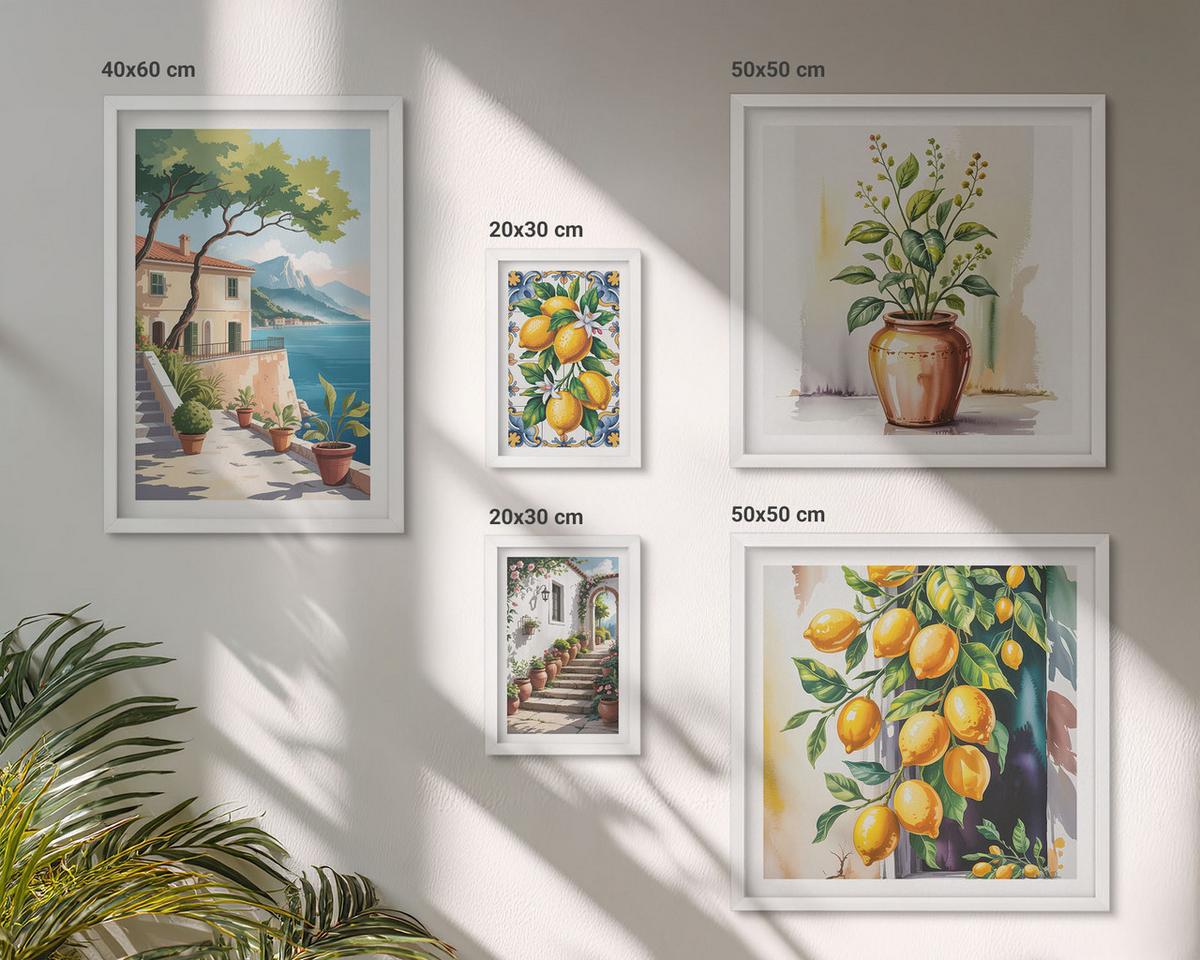 BILDER SET 5er Set - 50x50 cm & 20x30 cm & 40x60 cm Weißer Rahmen - Zitrusbaum im Fenster am Meer - Weiß, Kunststoff (40/60cm) - TULUP