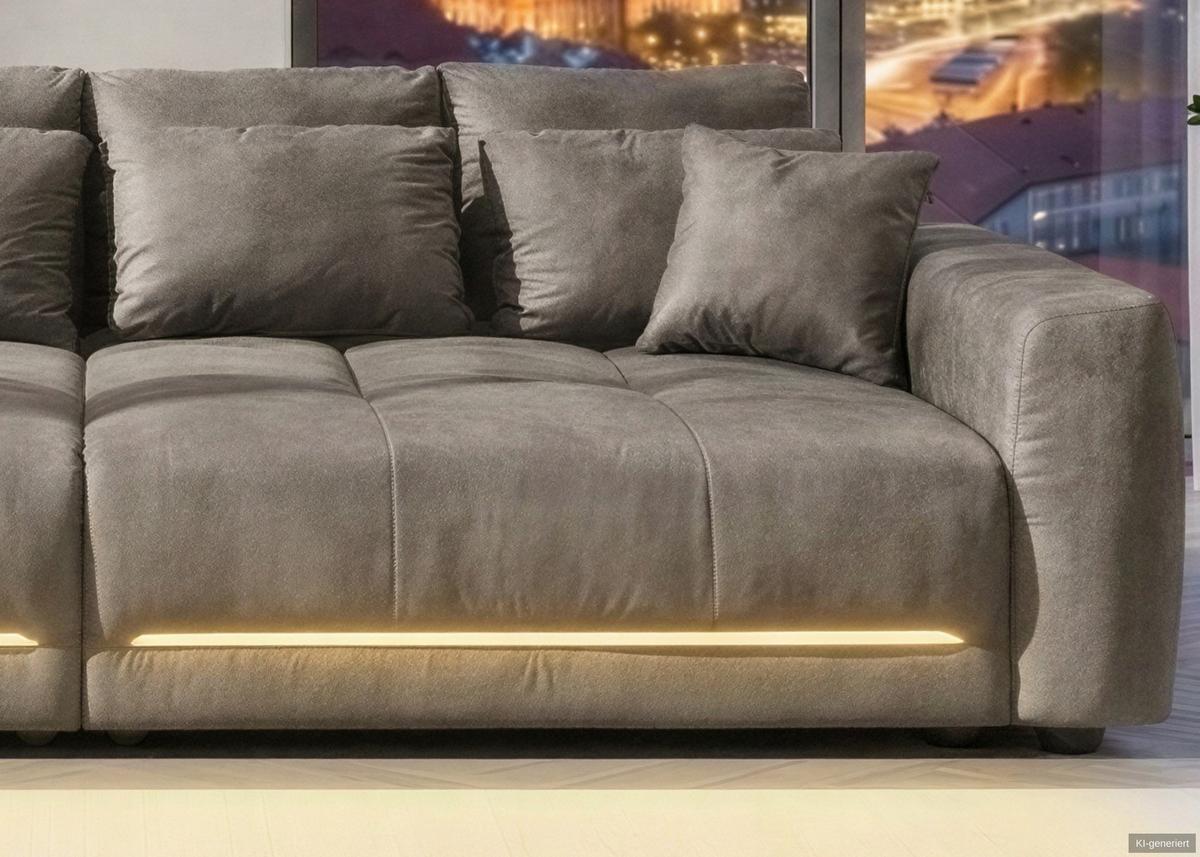 BIG-SOFA Federkern B294/T136/H86 cm, RGB-LED-Beleuchtung mit Fernbedienung, Mikrofaserstoff in Hellgrau / 15416 - Hellgrau/Schwarz, Kunststoff/Textil (294/86/136cm) - luma-home
