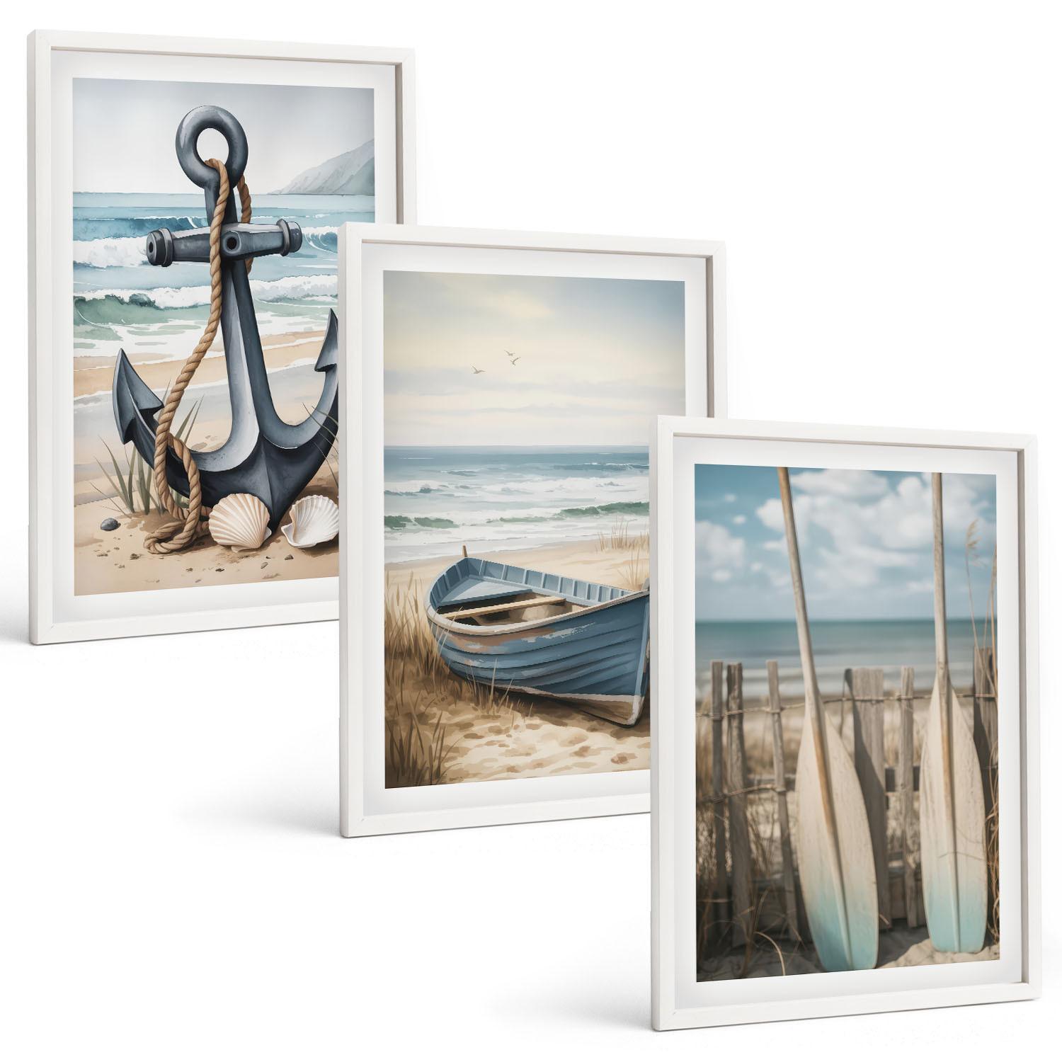 BILDER SET 3er Set - 40x60 cm Weißer Rahmen - Anker, Boot, Ruder, Strand - Weiß, Kunststoff (40/60cm) - TULUP