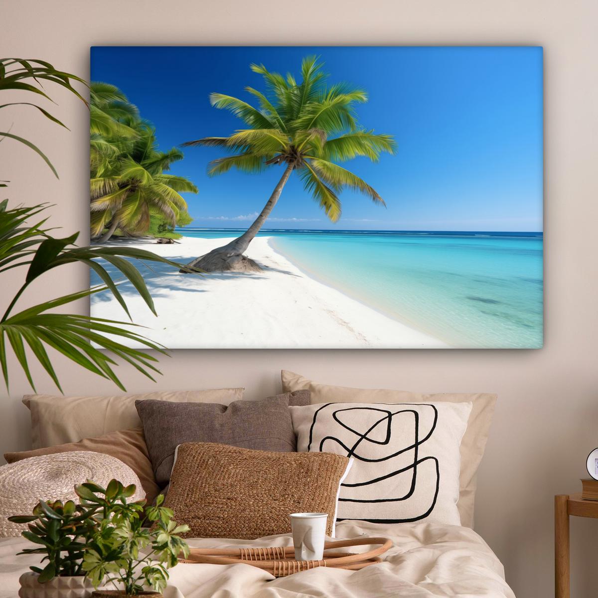 LEINWANDBILD Strand - Palme - Tropisch - Meer Wohnzimmer Groß 120x80 cm - Grün, Textil (120/80cm) - MuchoWow