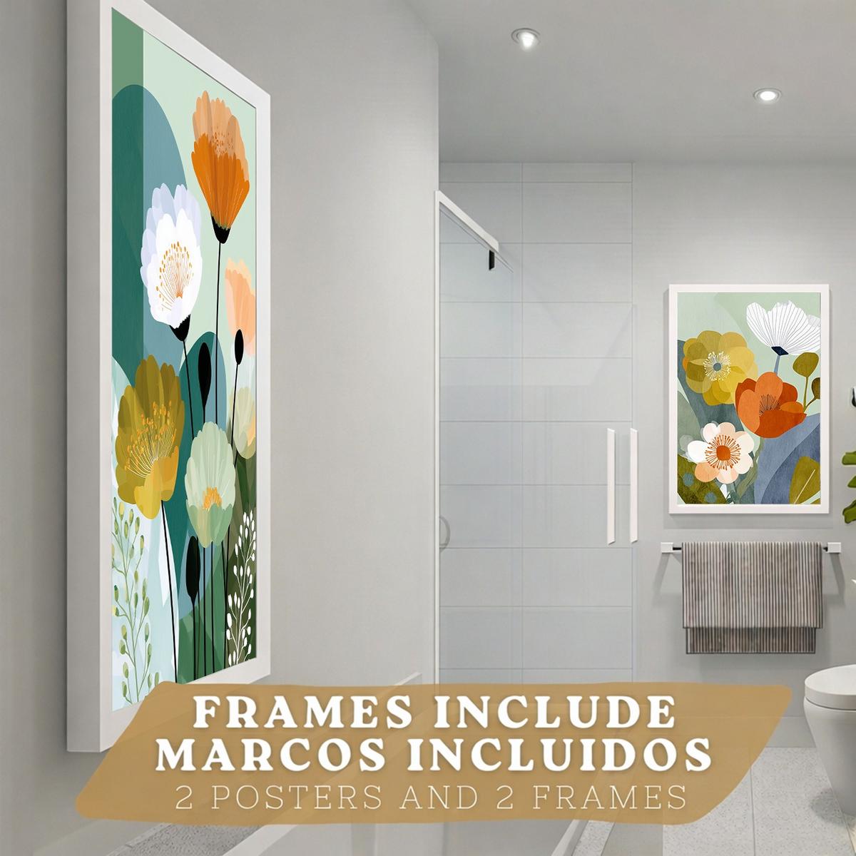 POSTER 2er-Set dekorative Badezimmerdrucke, moderne florale Wandposter für Waschbecken, Dusche, abstrakte florale, nordischer Stil Weißer Rahmen A3 - Weiß, Papier (42/29.7/3cm) - Nacnic