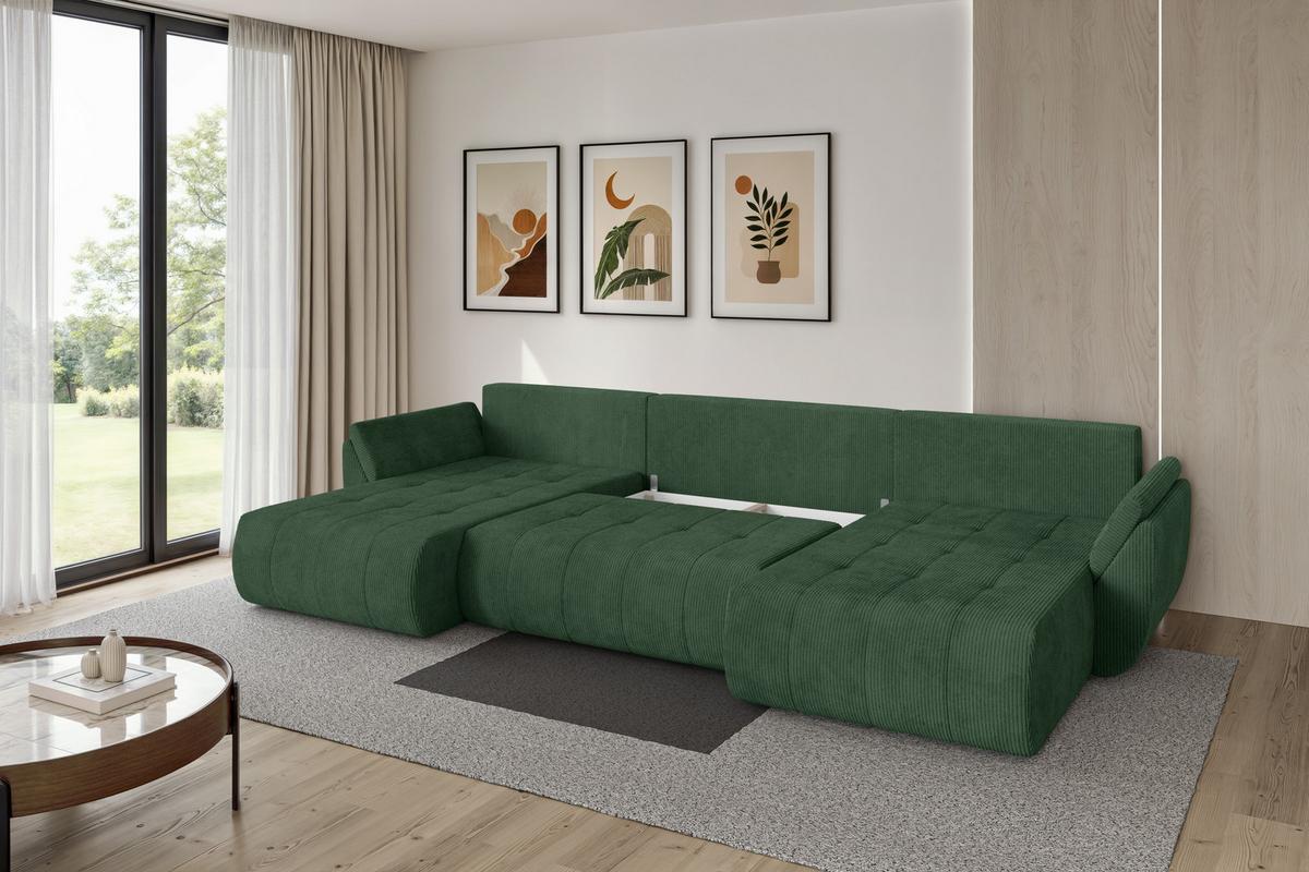 WOHNLANDSCHAFT mit Schlaffunktion und Bettkasten TOKO-U 378x194x86 Grün Cord - Dunkelgrün/Schwarz, Holzwerkstoff/Kunststoff (378/86/194cm) - ALTDECOR