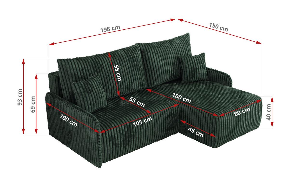 ECKSCHLAFSOFA ARPA L Grün Cord - links - Schwarz/Grün, Kunststoff/Textil (198/150cm) - MKS