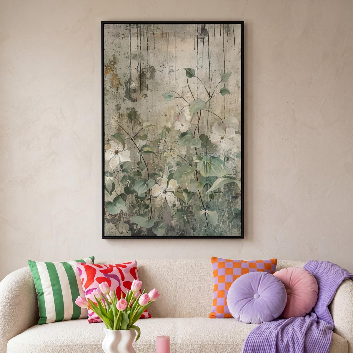 LEINWAND Bilder mit Rahmen - Blumen - Blätter - Abstrakt - Modern - 100x150 - Grau, Textil (100/150cm) - MuchoWow