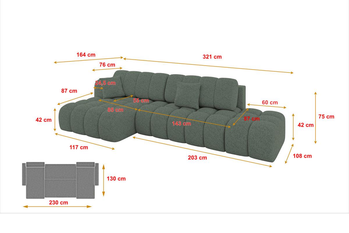 ECKSOFA mit Schlaffunktion Ottomane Links OLEA-L2 321x164x75 Grün Tissu - Waldgrün/Schwarz, Holzwerkstoff/Kunststoff (321/164cm) - ALTDECOR