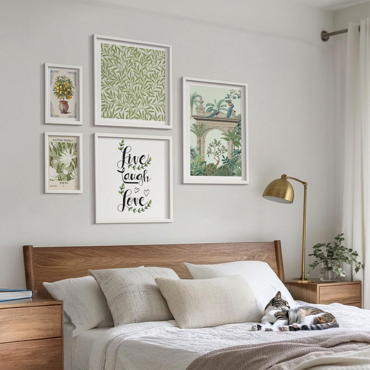 BILDER SET 5er Set - 50x50 cm & 20x30 cm & 40x60 cm Weißer Rahmen - Grüne Blätter exotischer Pflanzen - Weiß, Kunststoff (40/60cm) - TULUP