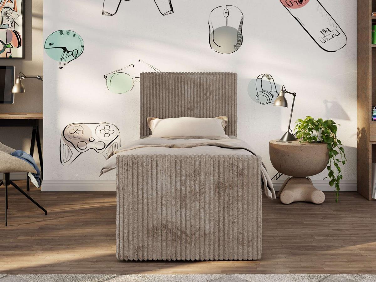 JUGENDBETT TILIO DUO 90/200 - Hellbraun Cord - H4 - Rechts Seite - Hellbraun, Textil (200/90cm) - MKS
