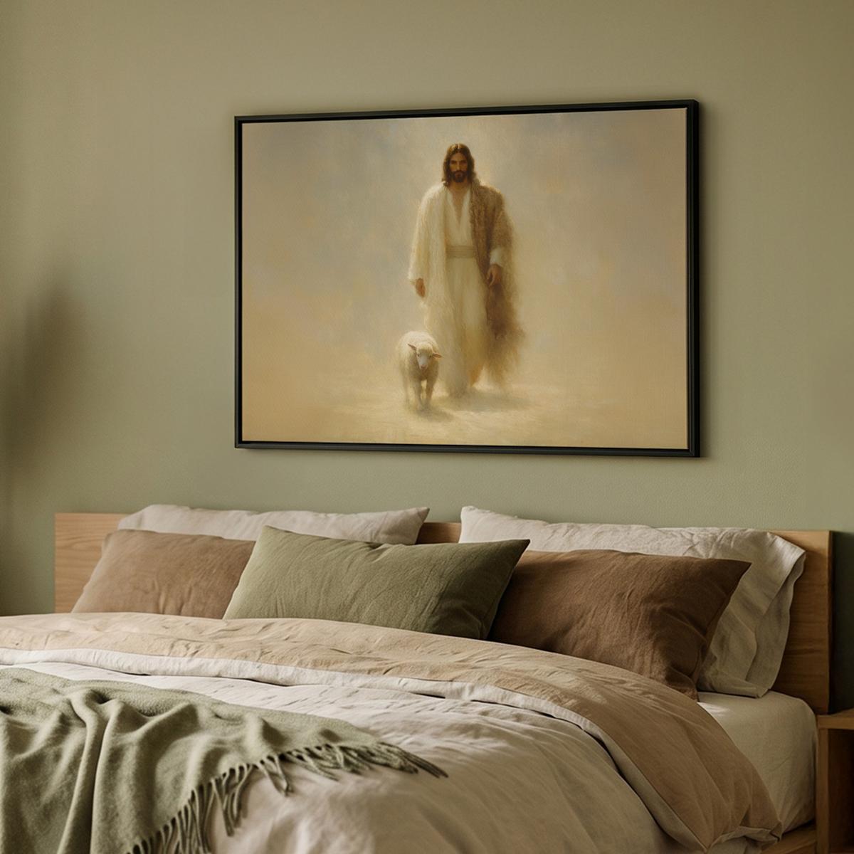 LEINWAND Bilder mit Rahmen - Schaf - Jesus - Pinselstriche - Abstrakt - 100x70 - Beige, Textil (100/70cm) - MuchoWow