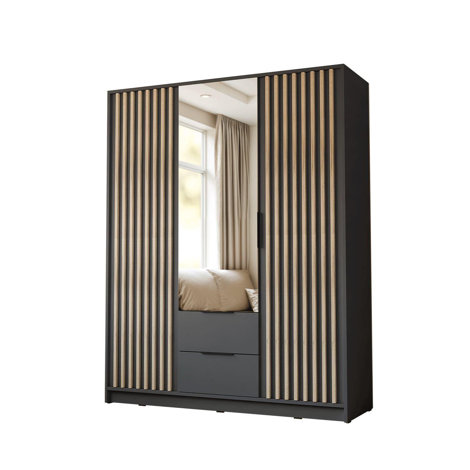 KLEIDERSCHRANK NELA, dreitürig mit Lamellen und Spiegel, 155 cm, Graphit/Artisan - Graphitfarben, Holzwerkstoff (155/200/51cm) - Lookway