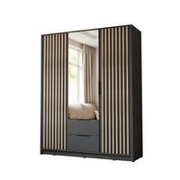 KLEIDERSCHRANK NELA, dreitürig mit Lamellen und Spiegel, 155 cm, Graphit/Artisan - Graphitfarben, Holzwerkstoff (155/200/51cm) - Lookway