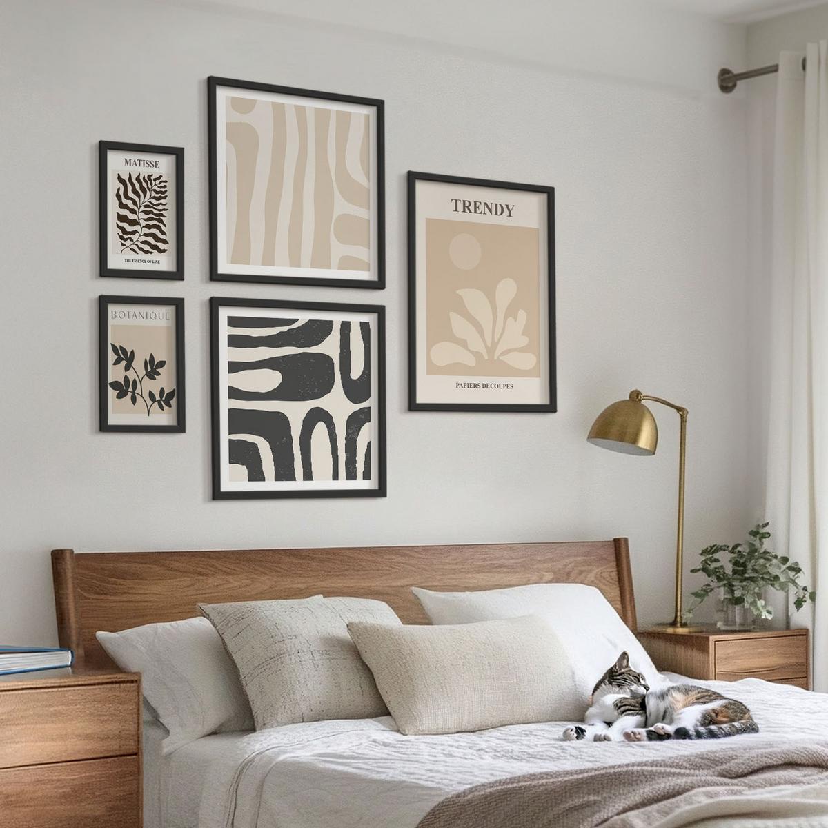 BILDER SET 5er Set - 50x50 cm & 20x30 cm & 40x60 cm Schwarzer Rahmen - Stilvolle Pflanzenmuster in Beige und Schwarz - Schwarz, Kunststoff (40/60cm) - TULUP