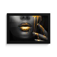 POSTER MIT RAHMENGERAHMTES BILD Frau - Schwarz - Gold - Gesicht - Lippen 30x20 cm - Goldfarben, Papier (30/20cm) - MuchoWow