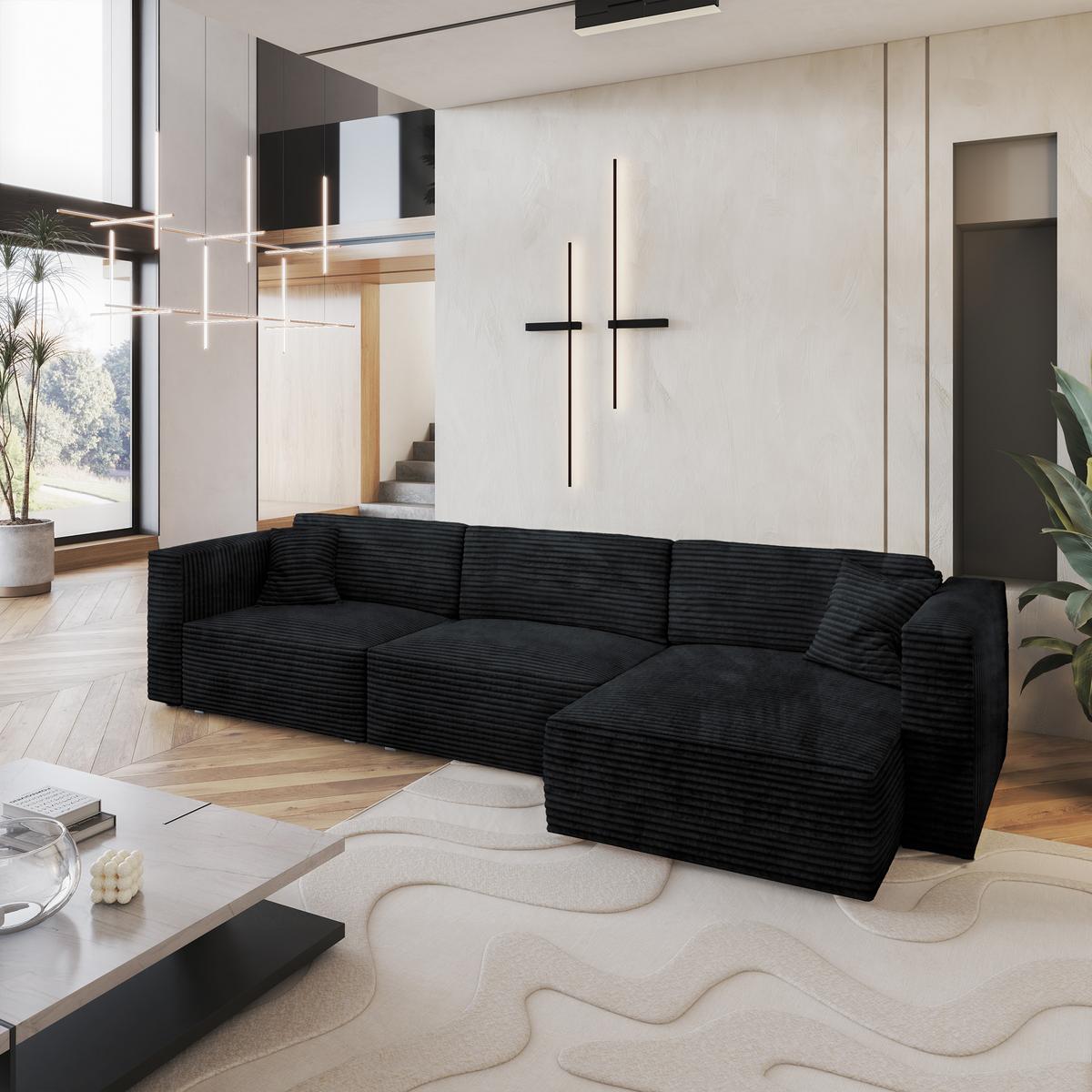 ECKSOFA TOLMO Schwarz Kordstoff mit Schlaffunktion - Schwarz/Grau, Holz/Kunststoff (347/148cm) - MASSENO