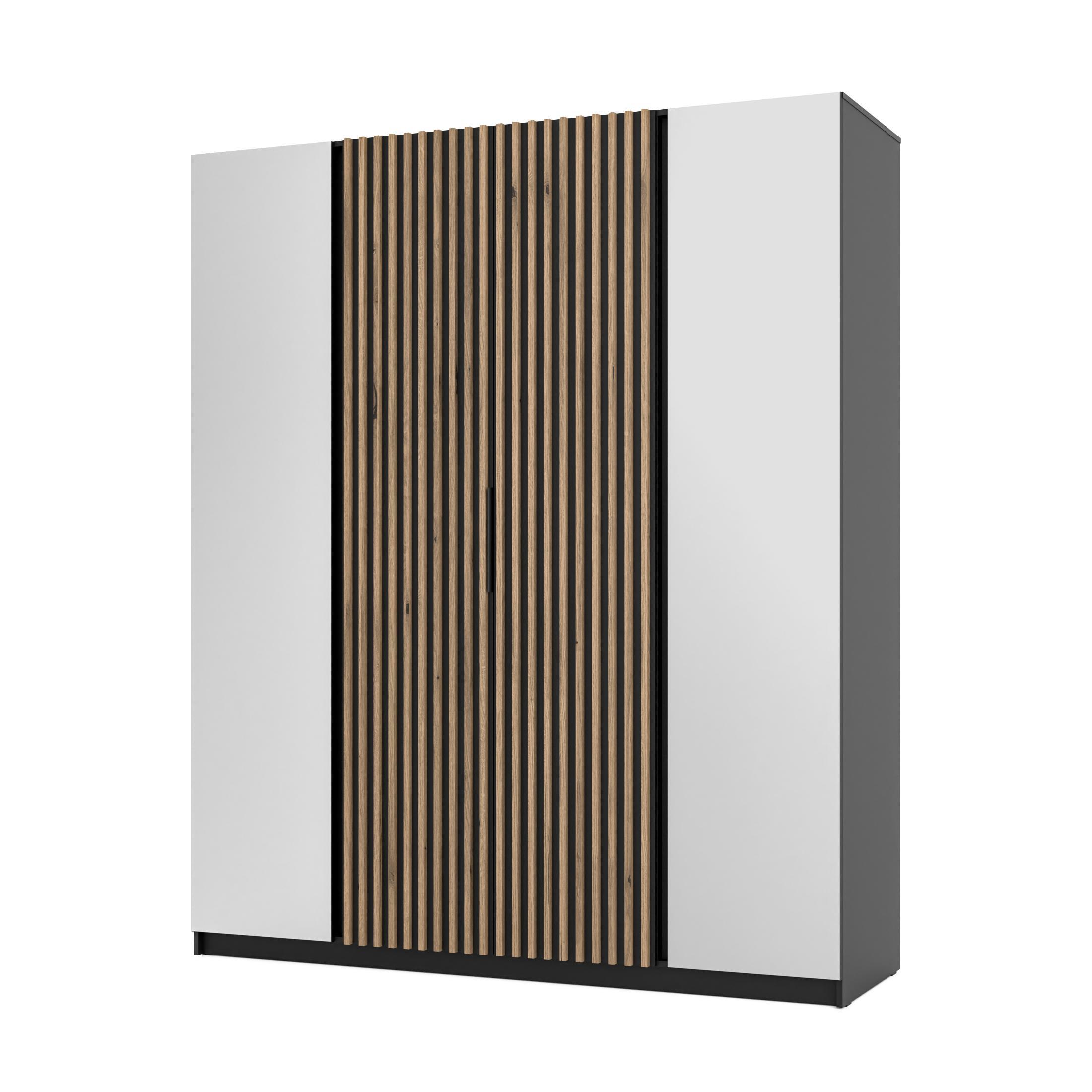 KLEIDERSCHRANK Nehir Korpus Schwarz, Front Schwarz/Eiche Evoke 200 cm - 4T Modern mit Spiegeln außen und Lamellentüren mittig - Schwarz, Holzwerkstoff/Kunststoff (200/239/61.9cm) - AX Living