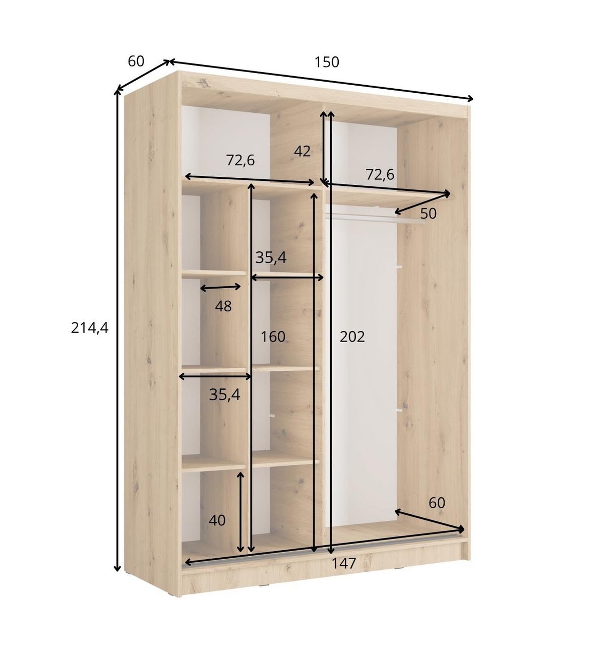 SCHWEBETÜRENSCHRANK VEYDAR 155/215/62cm 2-türig mit Spiegel Weiß - Weiß, Holzwerkstoff (155/215/62cm) - MASSENO