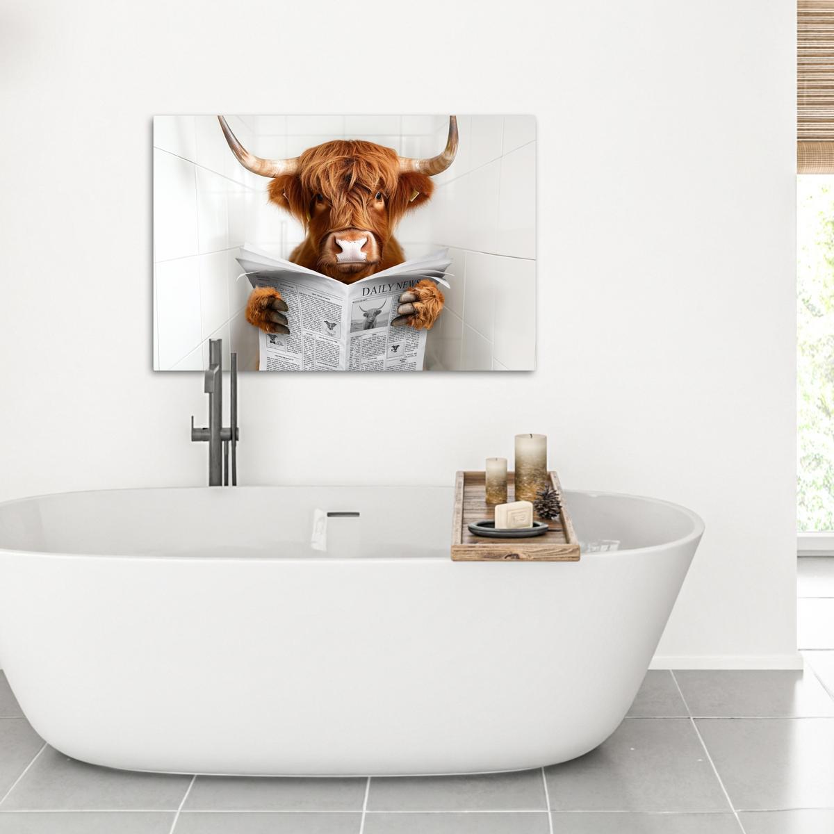 LEINWANDBILD Schottischer Highlander - Tier - Zeitung - Toilette Wanddeko 90x60 cm - Kastanienfarben, Textil (90/60cm) - MuchoWow