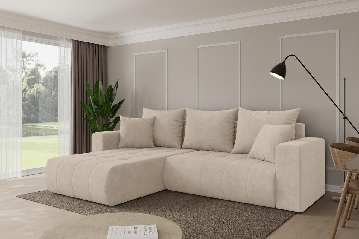 ECKSOFA mit Schlaffunktion Ottomane Links MILA-L 277x194x86 Beige Velours - Schwarz/Sahara, Holzwerkstoff/Kunststoff (277/194cm) - ALTDECOR