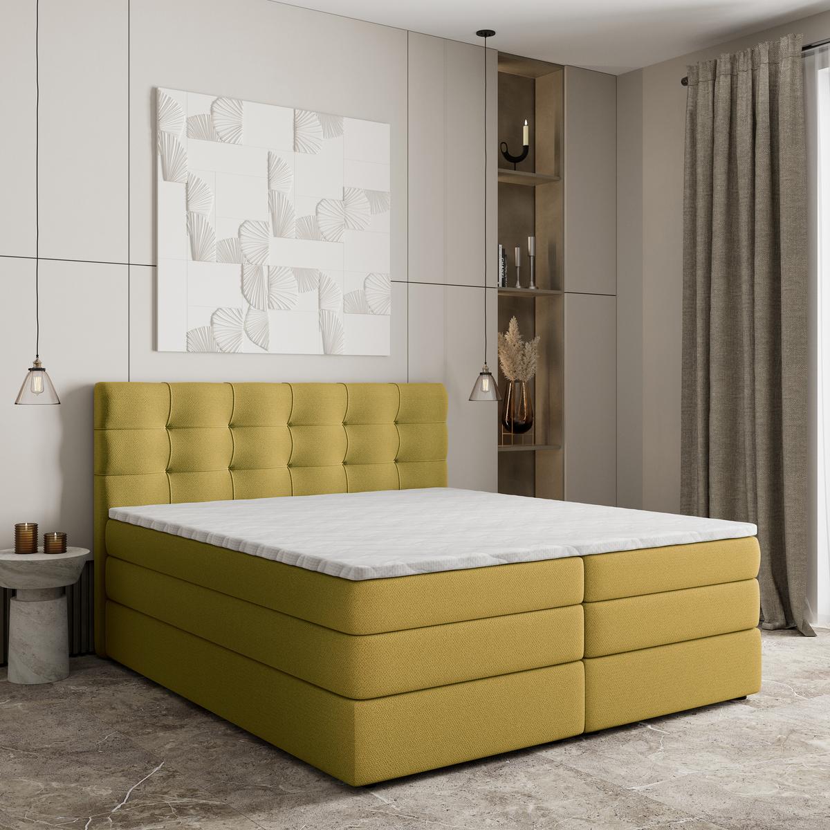 BOXSPRINGBETT AREZI 160x200 cm mit Matratze und Topper - Gelb - Gelb, Holz (160/200cm) - MASSENO
