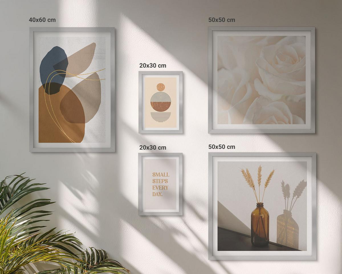 BILDER SET 5er Set - 50x50 cm & 20x30 cm & 40x60 cm Silberner Rahmen - Abstrakte Formen Akzente - Silberfarben, Kunststoff (40/60cm) - TULUP