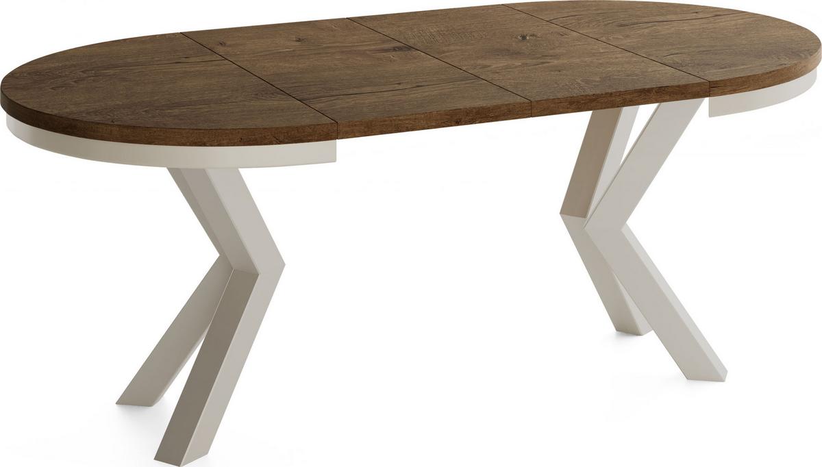 ESSTISCH Clara Grau-Beige runder ausziehbarer, Lefkas Eiche 120-200/120/76 cm - Alteiche/Greige, Holzwerkstoff/Metall (120/196/76cm) - WFL GROUP