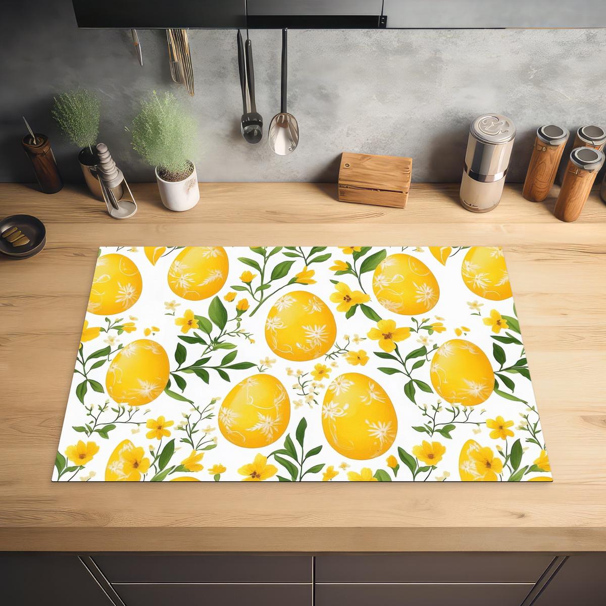 HERDABDECKPLATTE Blumen - Ostereier - Gelb Induktionsmatte 77x51 cm - Gelb, Kunststoff (77/51/0.2cm) - MuchoWow