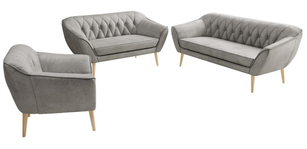 SITZGARNITUR PIRS 3+2+1 - Hellgrau Velvet - Holzbeine - Buchefarben/Hellgrau, Holzwerkstoff/Textil (180/75/74cm) - MKS