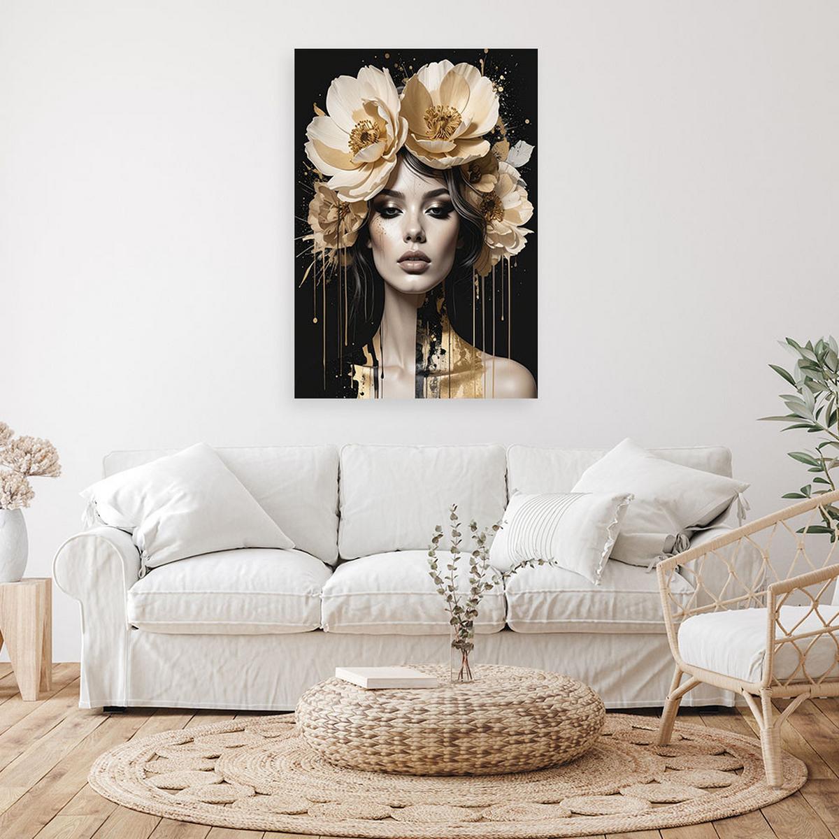 BILD auf Leinwand, Frau Glamour mit Blumen auf dem Kopf in beige und gold - Beige, Textil (70/100cm) - Feeby