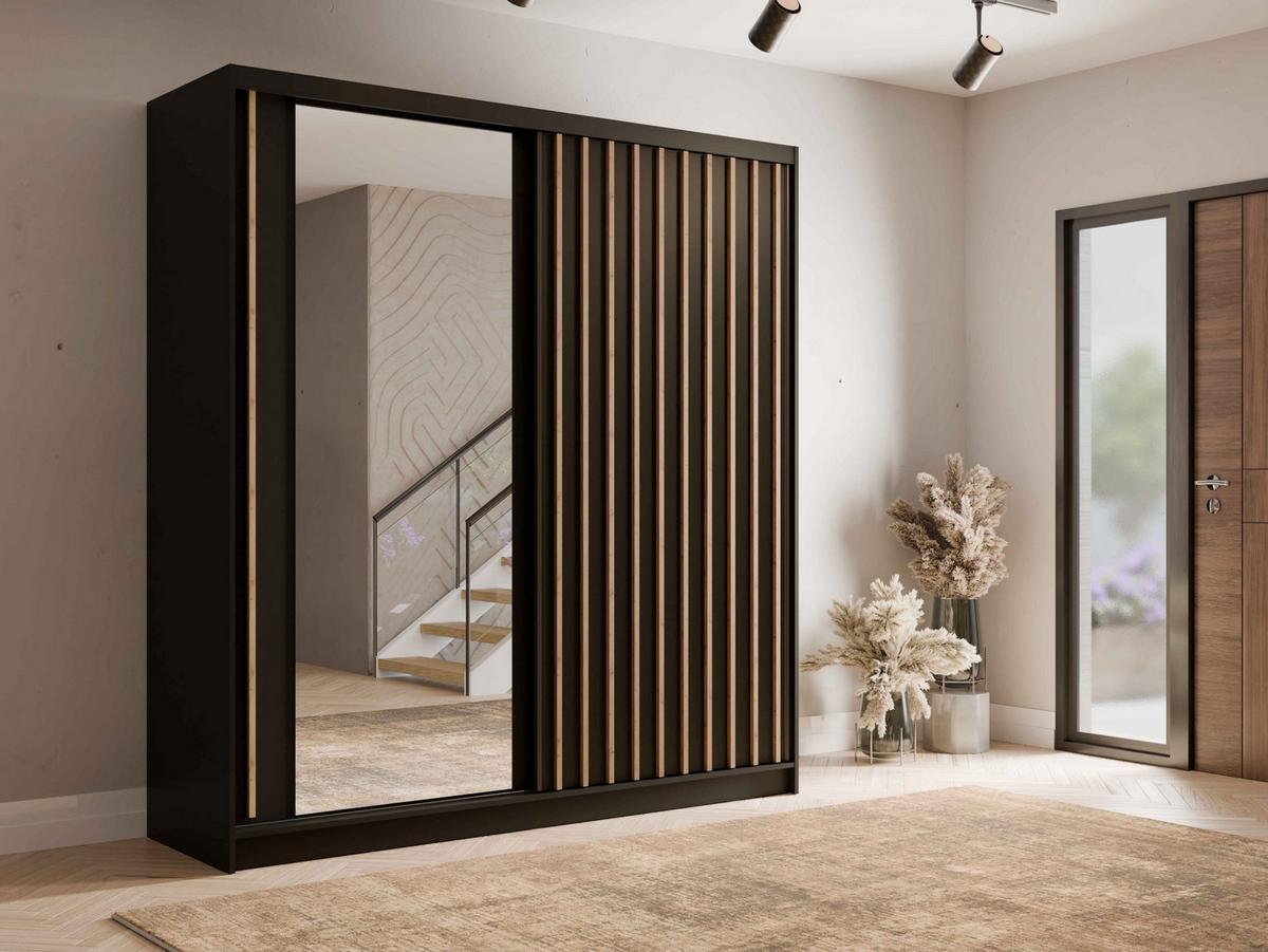SCHWEBETÜRENSCHRANK VEYDAR 205/215/62cm 2-türig mit Spiegel Grau - Grau, Holzwerkstoff (205/215/62cm) - MASSENO