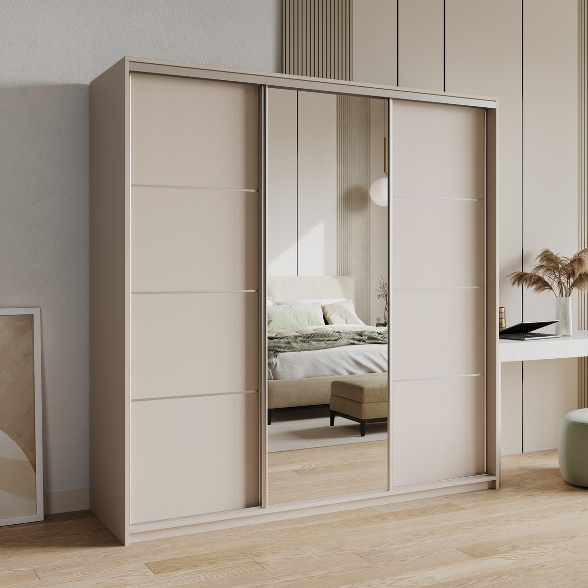 SCHWEBETÜRENSCHRANK VARO 180/205/60 cm 3-türig mit Spiegel und Schubladen Kaschmir - Kaschmir/Nickelfarben, Holzwerkstoff (180/205/60cm) - MASSENO