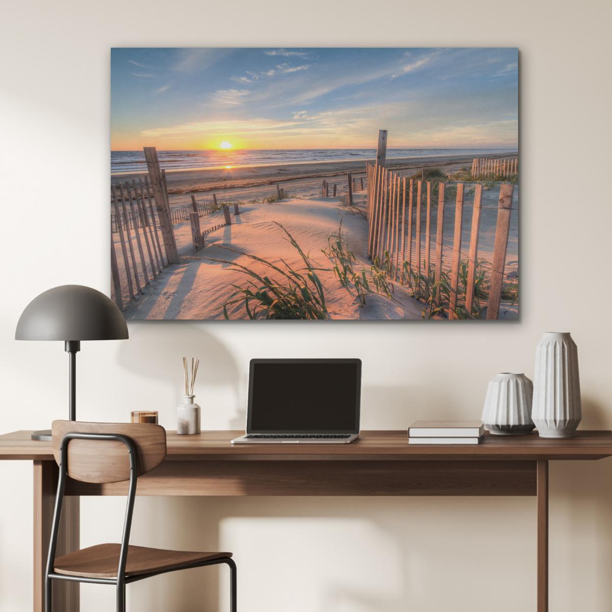 AKUSTIKBILD Strand - Meer - Düne - Sonnenuntergang - Landschaft Wandbild Wohnzimmer 100x70 cm - Beige, Kunststoff (100/70/0.9cm) - MuchoWow