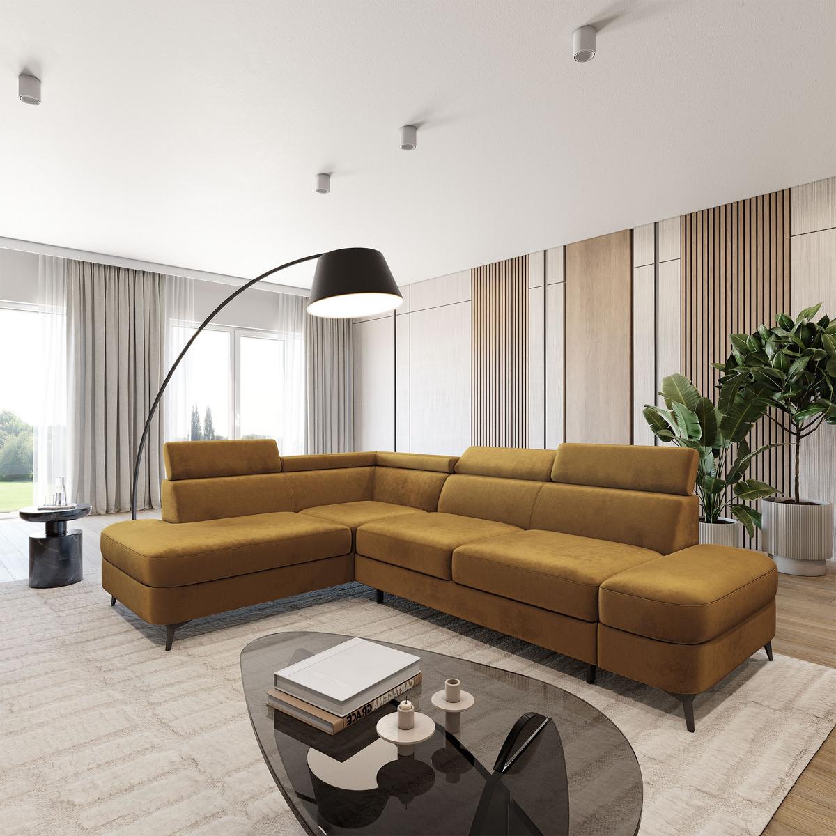 ECKSOFA AVISE M L-S Gelb Velours-Stoff mit Schlaffunktion - Gelb, Holzwerkstoff/Textil (268/195cm) - MASSENO
