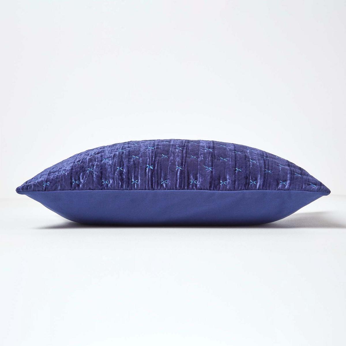 KISSENHÜLLE Pannesamt bestickt 40/40 cm - Dunkelblau, Textil (40/40cm) - Homescapes