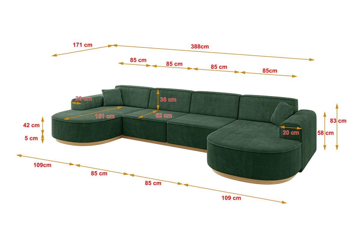 WOHNLANDSCHAFT MARI-U2-v2 - 388x171x83 cm Grün Cord - Grün, Holzwerkstoff/Textil (388/83/171cm) - ALTDECOR