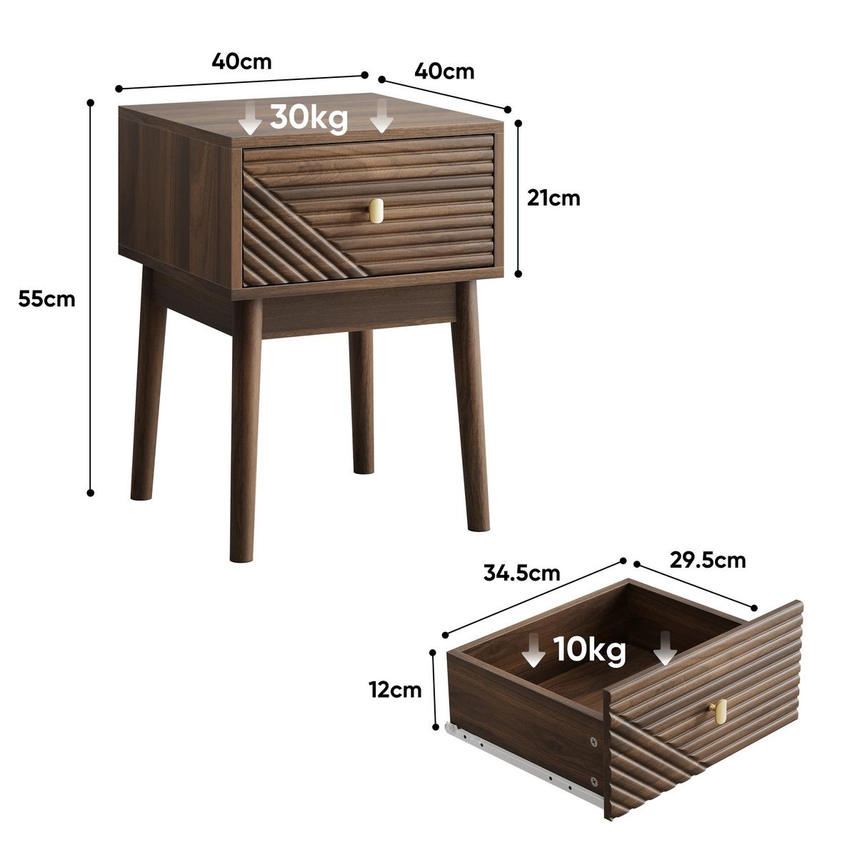 NACHTTISCH Set 2er Walnuss 40 cm – Mid Century Nachtkonsole mit Rillenfront & Goldgriff - Walnussfarben, Holzwerkstoff (40/55/40cm) - Urban Meuble