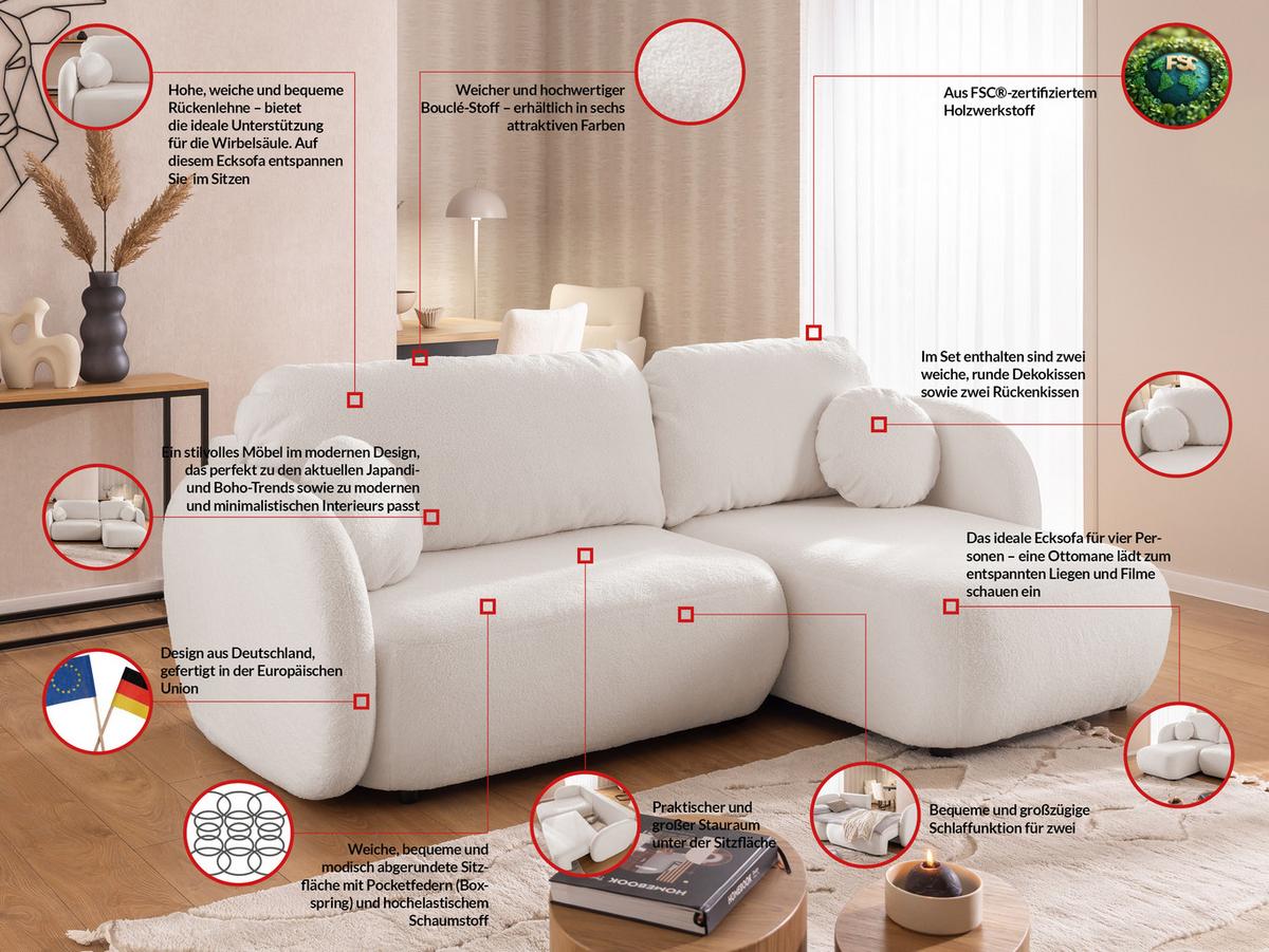 ECKSOFA Candy mit Schlaffunktion Weiß Bouclé-Stoff - Ottomane rechts - Schwarz/Weiß, Holz/Kunststoff (146/230cm) - S-Style Möbel