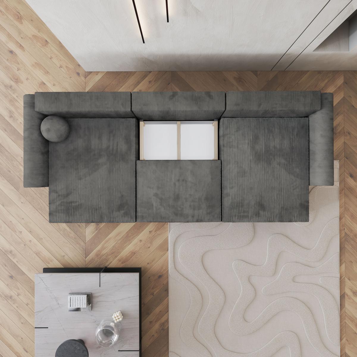 WOHNLANDSCHAFT FENTO P Grau Kordstoff mit Schlaffunktion - Grau, Holz/Kunststoff (347/90/148cm) - MASSENO
