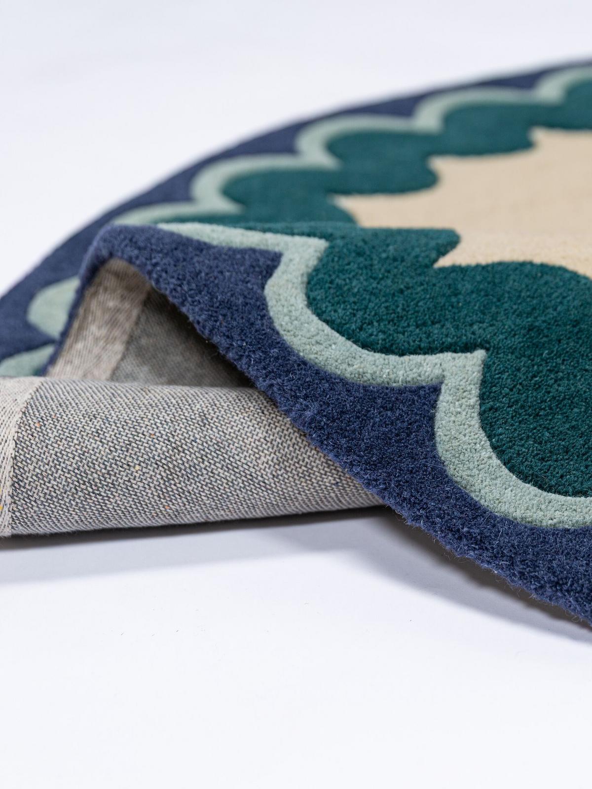 WOLLTEPPICH handgetuftet WAVENEY, Zickzack-Wellenbordüre, Petrol, Ø 160 cm - Türkis, Textil (160/160cm) - KADIMA DESIGN