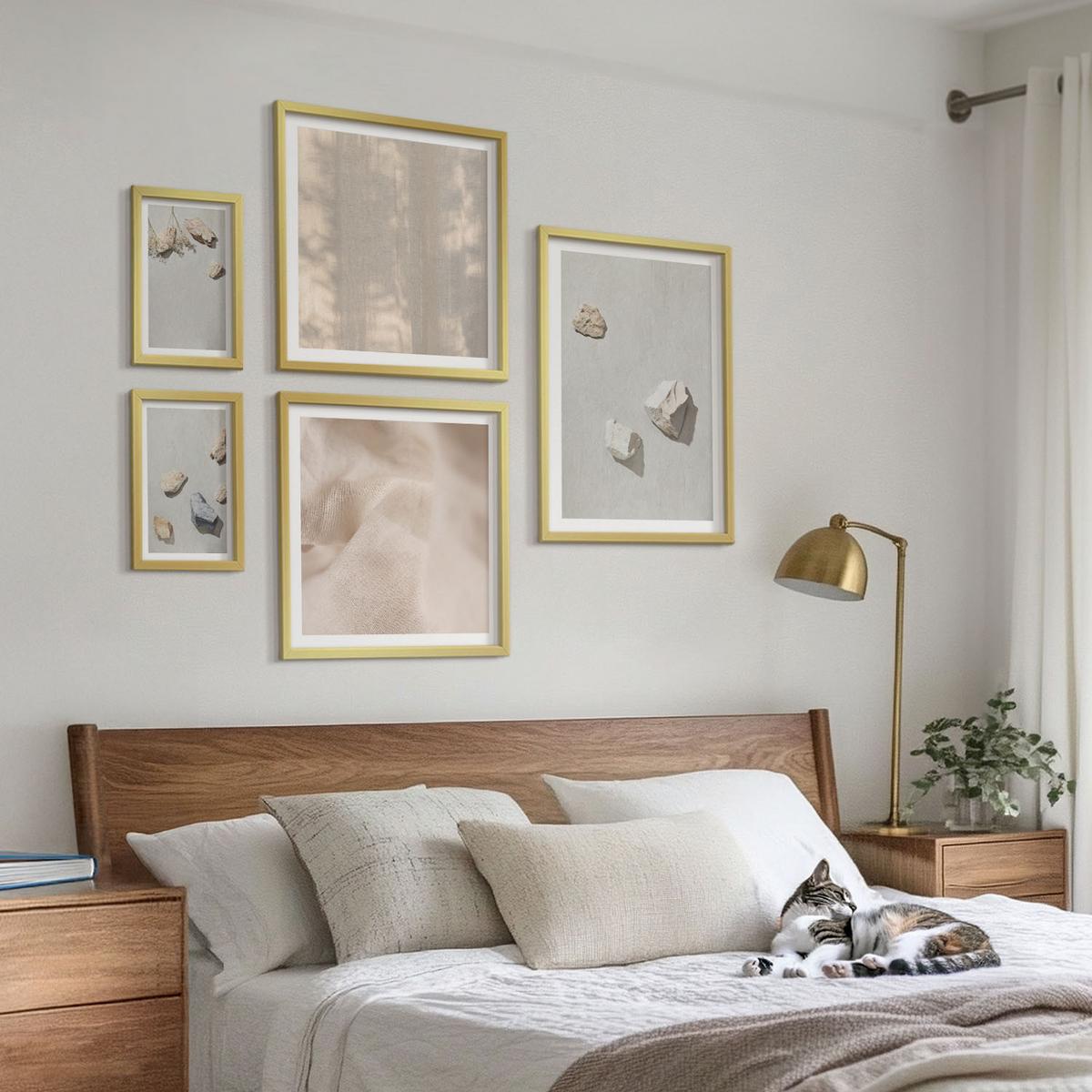 BILDER SET 5er Set - 50x50 cm & 20x30 cm & 40x60 cm Goldrahmen - Boho-Stranddekorationen aus Steinen - Goldfarben, Kunststoff (40/60cm) - TULUP