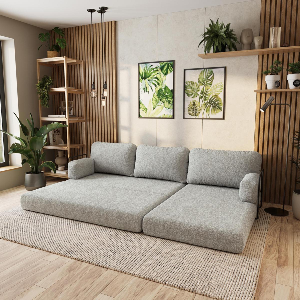 ECKSOFA LEA modulares Boneless Sofa mit Schlaffunktion Hellgrau Boucle-Stoff - Hellgrau, Textil (270/160cm) - MASSENO
