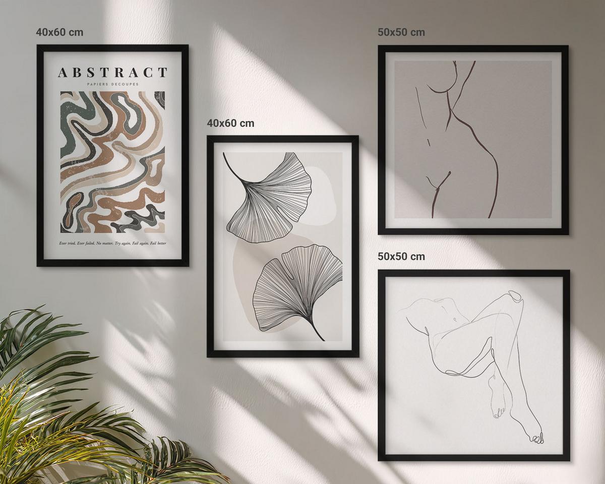 BILDER SET 4er Set - 50x50 cm & 40x60 cm Schwarzer Rahmen - Abstrakte Boho-Blattformen - Schwarz, Kunststoff (50/50cm) - TULUP