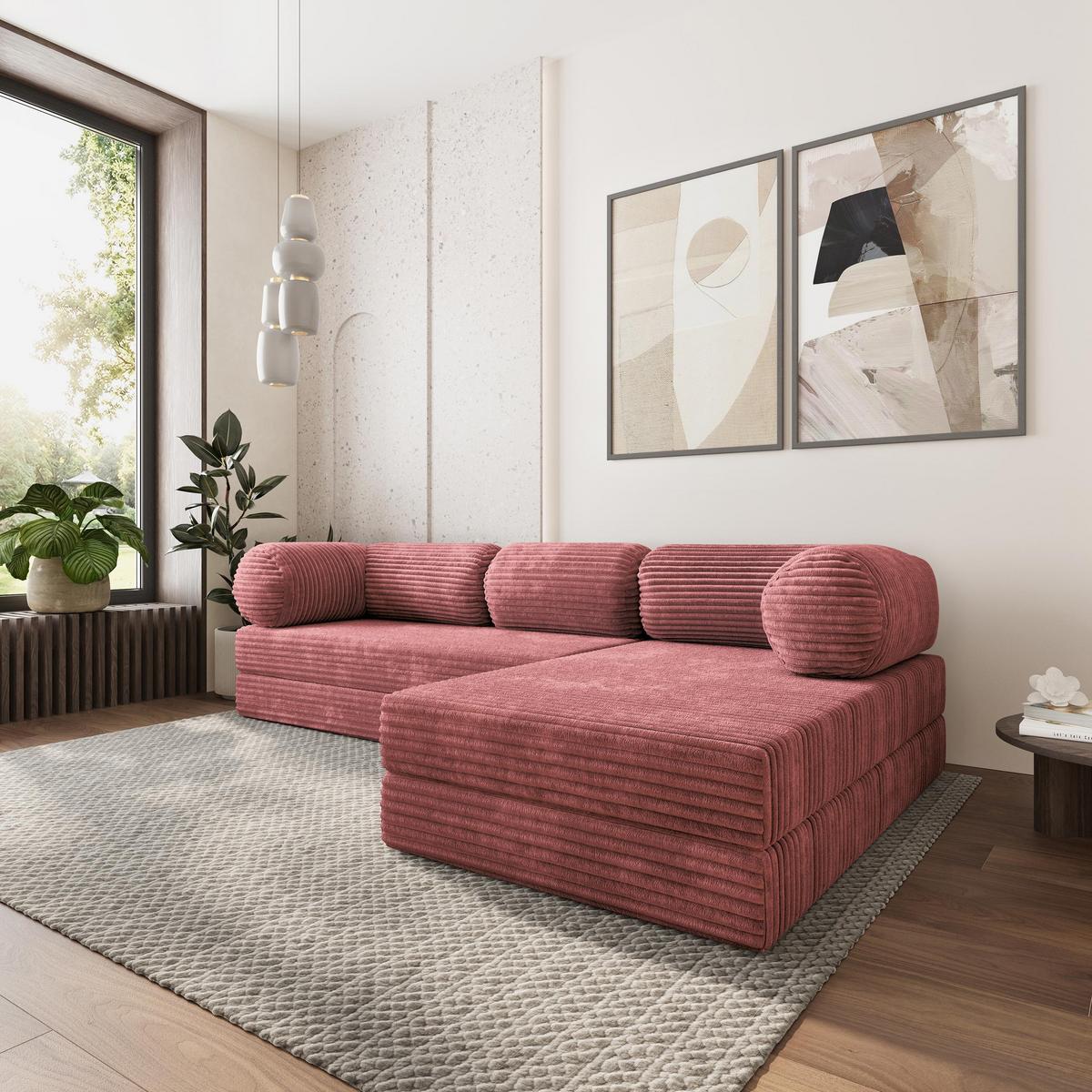 ECKSOFA ETERA modulares Boneless Sofa mit Schlaffunktion Rosa Kordstoff - Rosa, Textil (270/160cm) - MASSENO