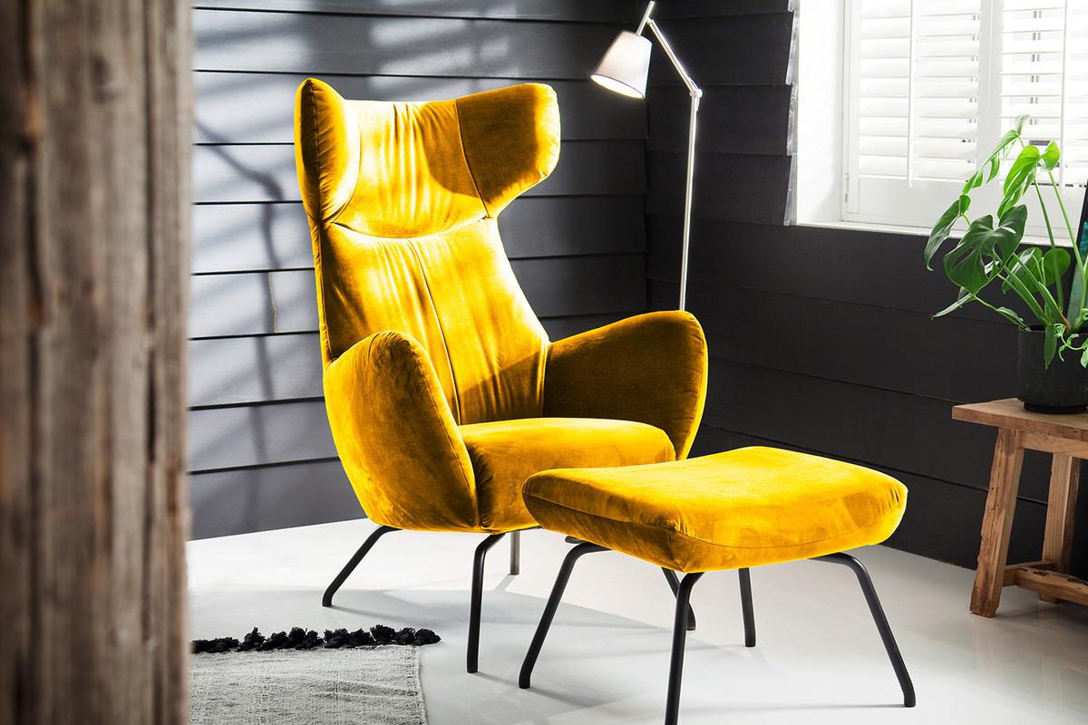 SESSEL MIT HOCKER LOTTE Gelb Velvet - Currygelb/Schwarz, Textil (79/117/82cm) - KAWOLA