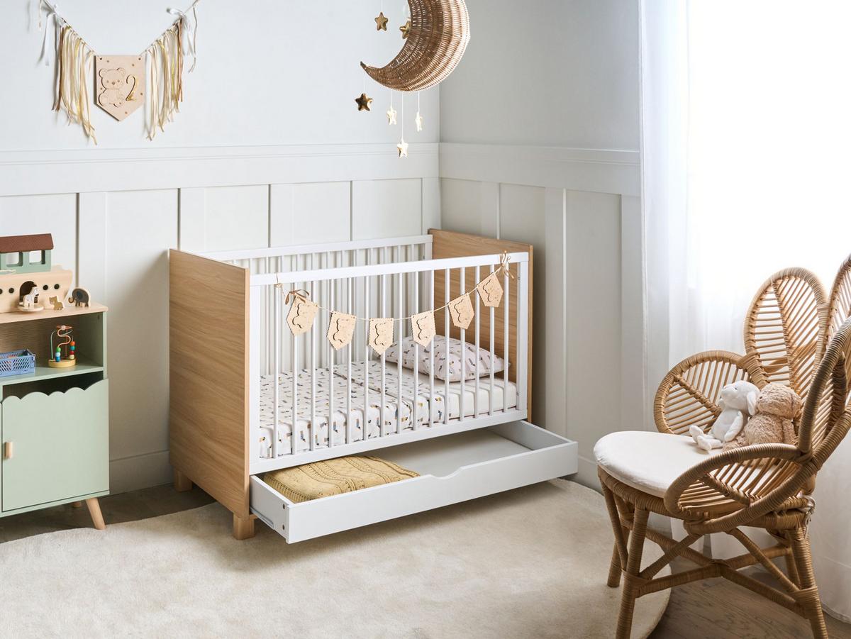 BABYBETT mit Schublade 60/120 cm Weiß Gunnar - Hellbraun/Weiß, Holzwerkstoff (60/120cm) - Beliani