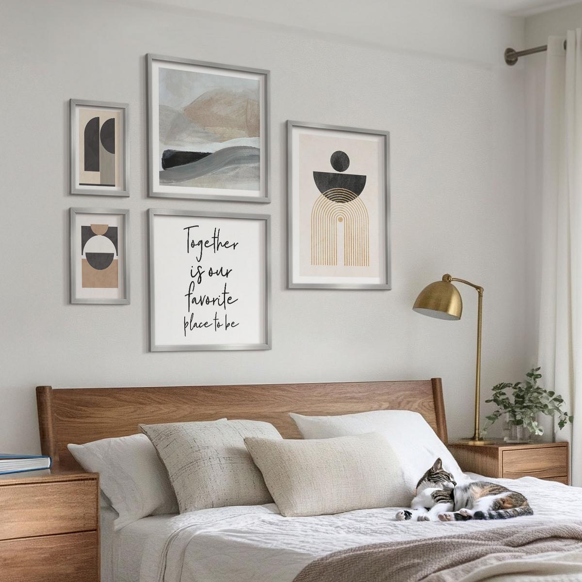 BILDER SET 5er Set - 50x50 cm & 20x30 cm & 40x60 cm Silberner Rahmen - Abstrakte Formen beige braun - Silberfarben, Kunststoff (40/60cm) - TULUP
