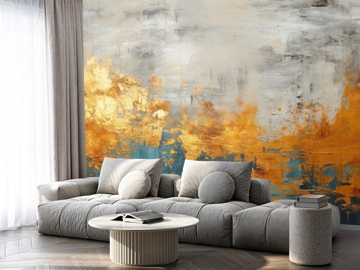 FOTOTAPETE für Badezimmer Abstrakter Beton Gold Mauer 400x280 - Türkis/Goldfarben, Papier (400/280cm) - Muralo