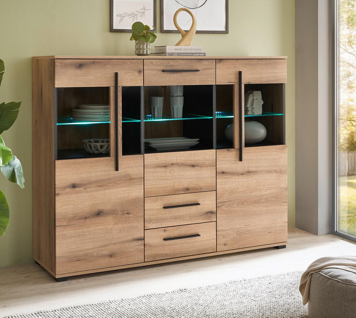 HIGHBOARD Eiche Evoke, Anrichte 160 cm mit Beleuchtung - Eichefarben/Schwarz, Glas/Holzwerkstoff (160/126/42cm) - Furn.Design